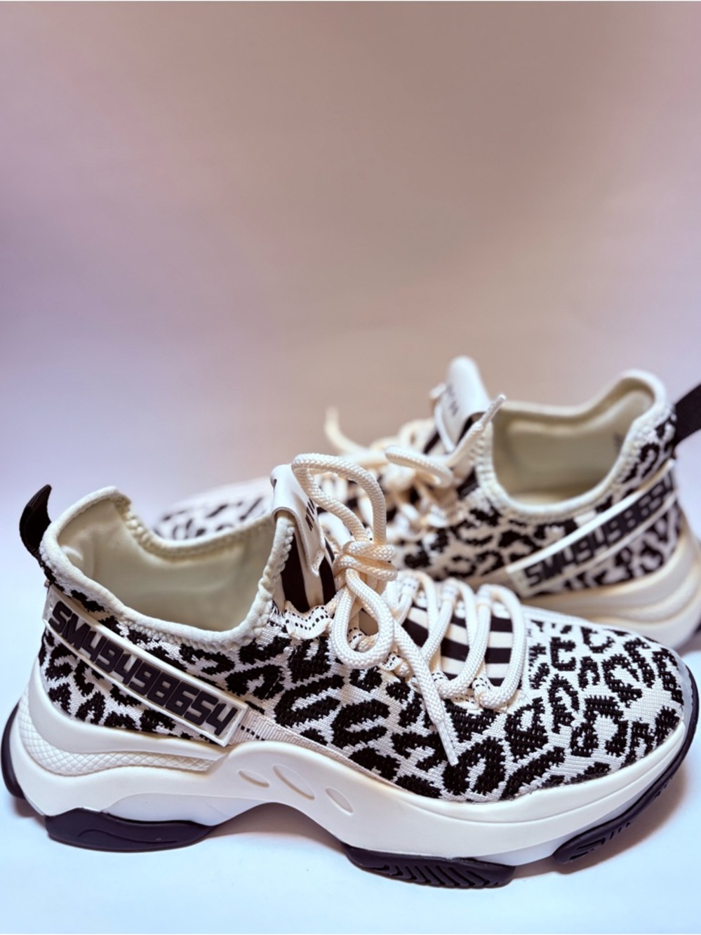 Steve Madden White and Black Leopard Print Platform Sneakers